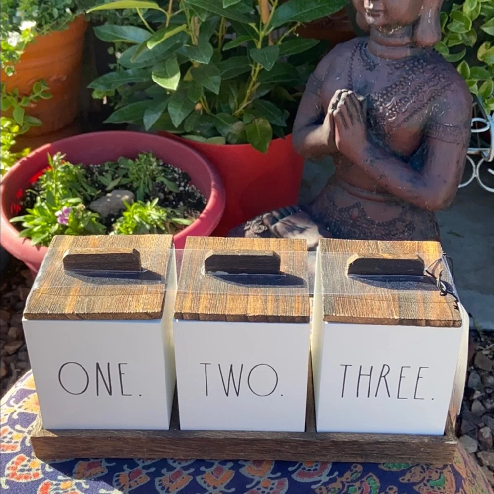 NEW Rae Dunn “ONE. TWO. THREE” 3 Piece Wooden Box Canister Set w/ Tray